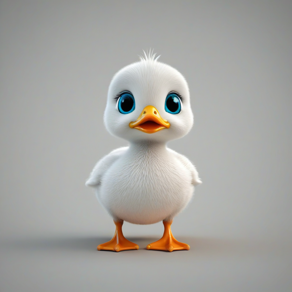 3D cartoon animation of a baby duck hybrid, bright and vivid colors, large eyes, short body, round features, tiny nose, tiny feet, cute, happy expression on its face, single animal on a plain white background, even lighting, on a plain white background, even lighting