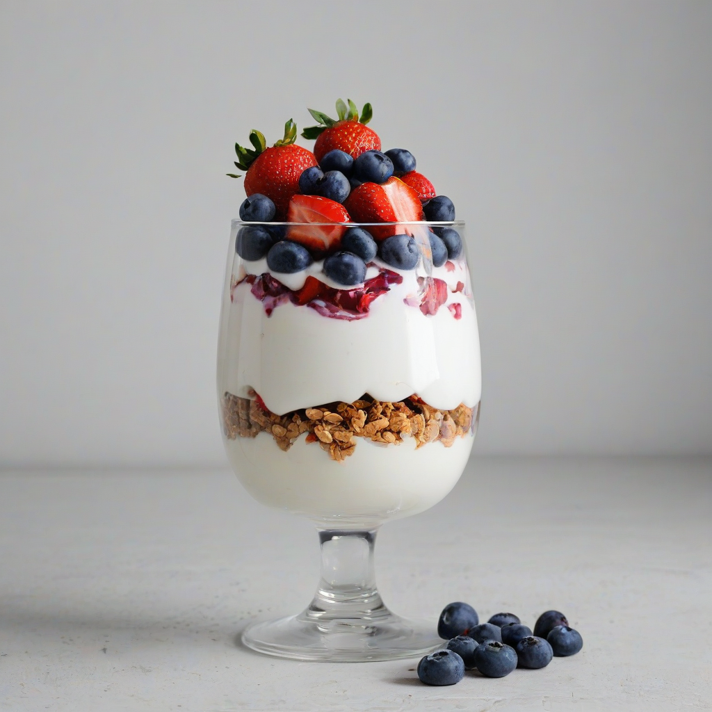 A full-body view of a tall clear glass filled with a layered yogurt parfait, starting with a thick layer of creamy white yogurt at the bottom, followed by a layer of fresh blueberries, then another layer of yogurt, then a layer of crunchy granola, then another layer of yogurt, and finally topped with a layer of sliced strawberries, all on a plain white background, on a plain white background, even lighting 