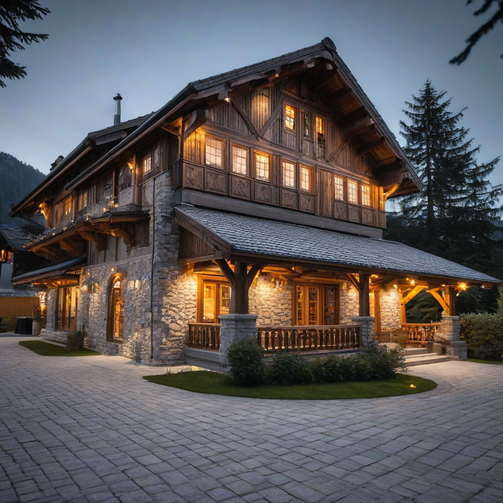 exterior beautiful, wood, Swiss chalet, bright lighting, wide angle shot, fully visible, on a plain white background, even lighting