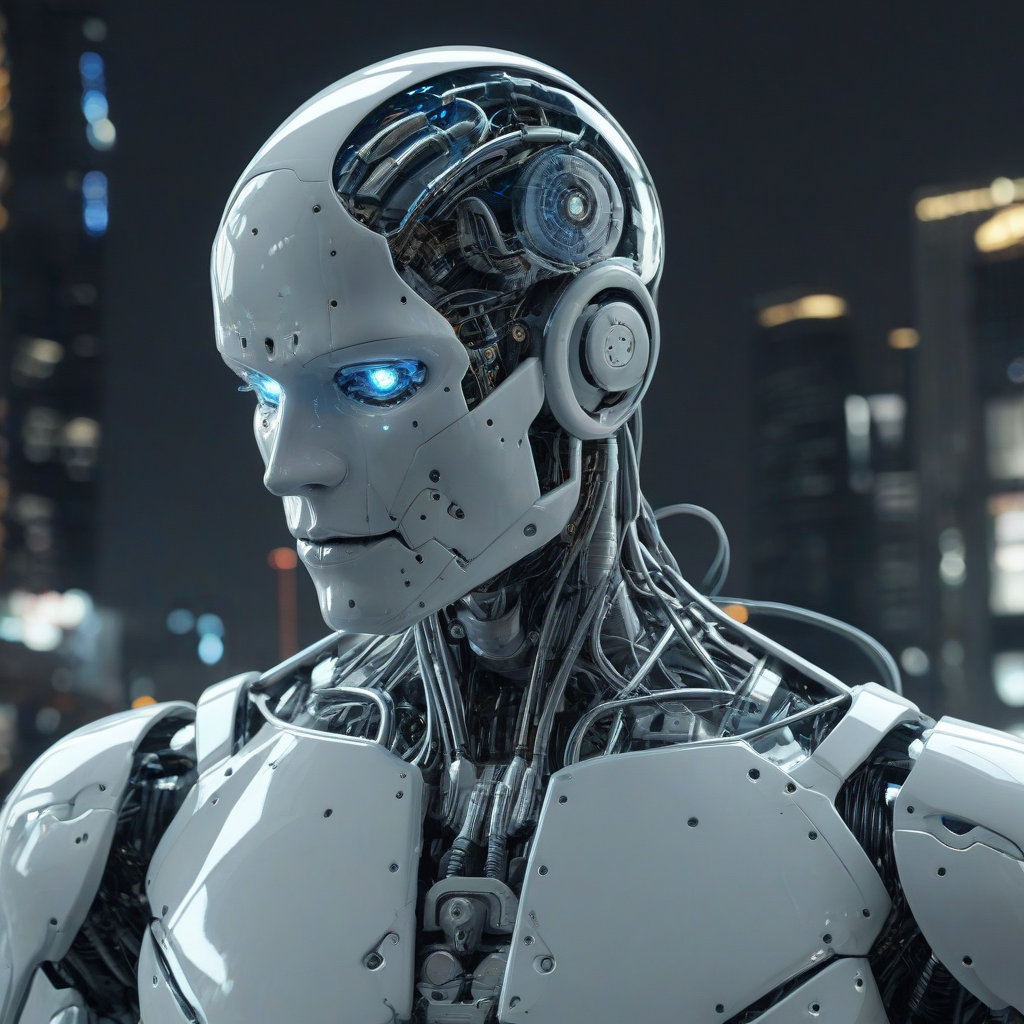 A humanoid robot with sleek white exterior and a face made out of clear glass that shows a human brain connected to several wires, in a dark cyberpunk cityscape
