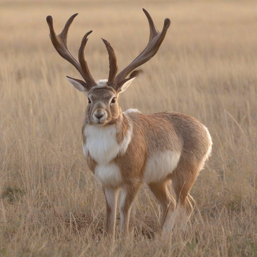 A mythical jackalope, full-body view, with brown and white fur, long ears, and antlers, standing in a prairie, in a wide shot, with soft natural lighting and a slight glow effect, in the style of a digital illustration