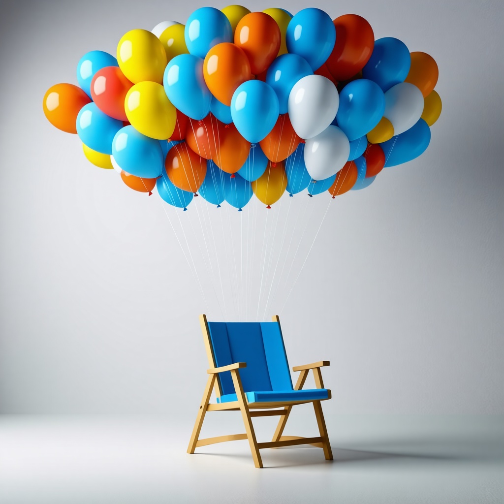 A blue lawn chair floating up by dozens of colorful balloons