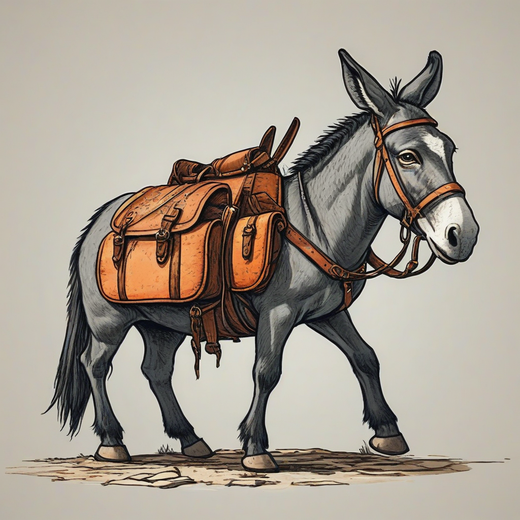 Hand- drawn cartoon style, common medieval village donkey, with side saddle bags, with bold lines, vivid colors, bright lighting, wide angle shot, feet visible,, on a plain white background, even lighting