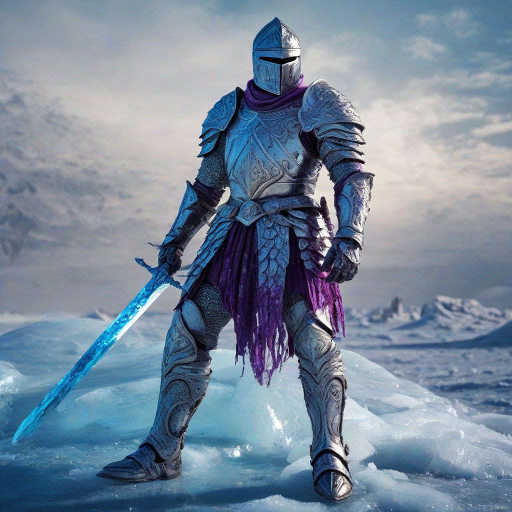 A knight made out of ice, full-body view, standing on a Icy background, with ice engulfing its entire body, including its armor and sword, in a digital art style with vibrant blue and purple hues, and dynamic shadows to emphasize the icy texture, wide shot to capture the knight's majestic presence