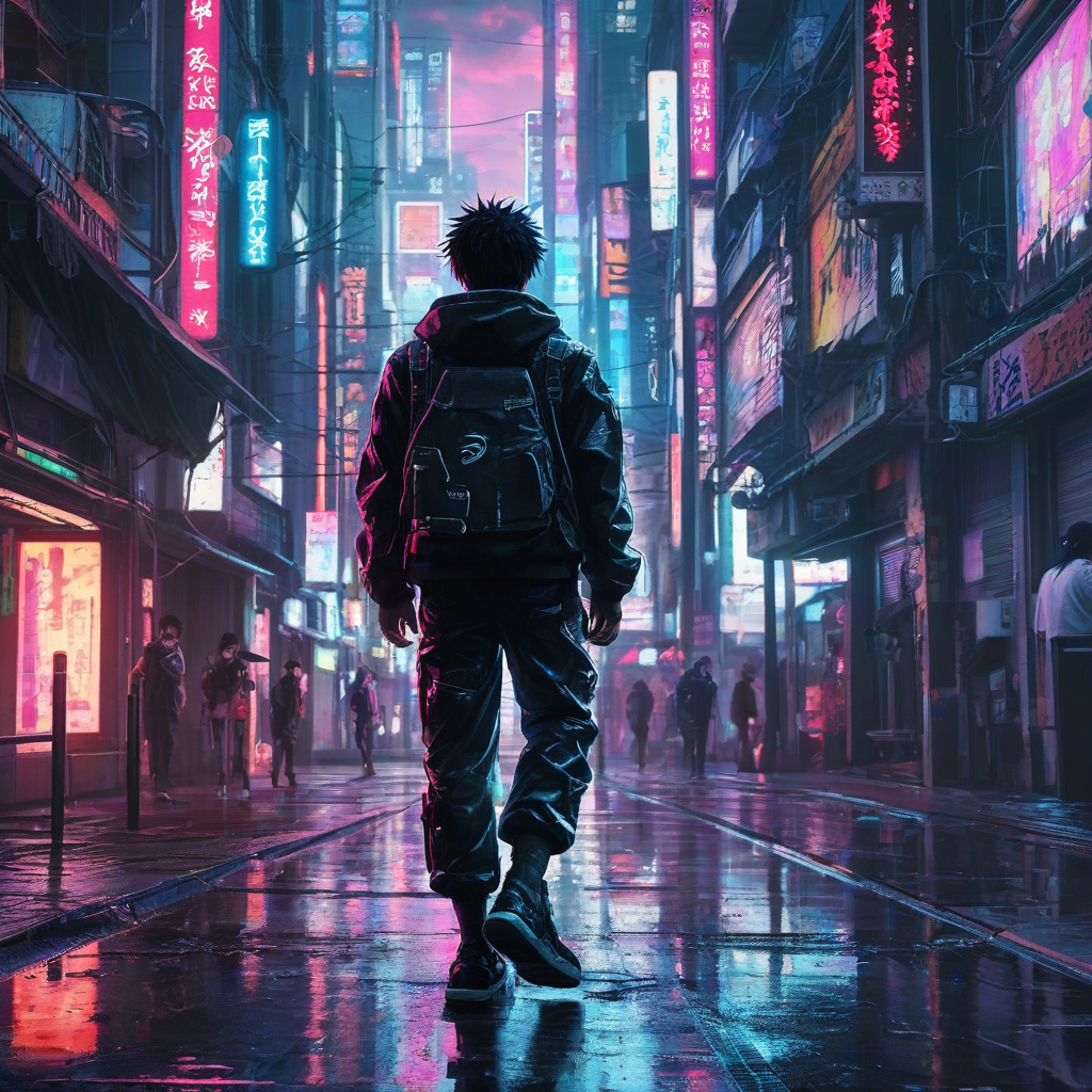 Anime character walking down a cyberpunk city street, neon lights reflecting off wet pavement, thick shadowy clouds billowing at his feet