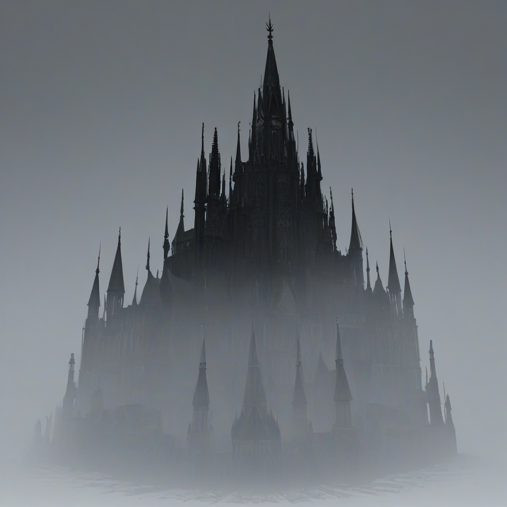 a large, ominous, black building with dark fantasy elements, such as twisted spires and Gothic arches, set against a plain white background, in a wide shot with the entire building visible, including the foundation and rooftops, with dramatic lighting and shadows, in the style of a digital illustration