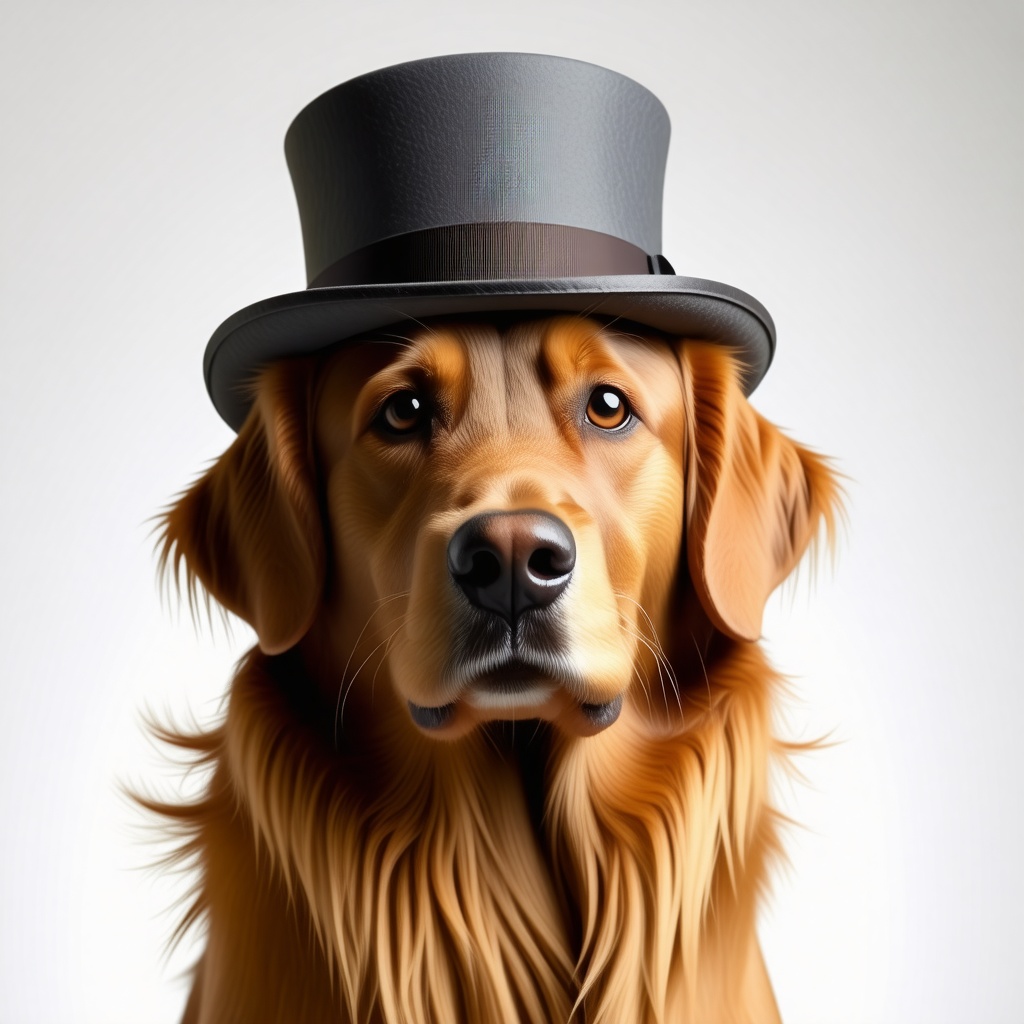 A golden retriever wearing a grey top hat