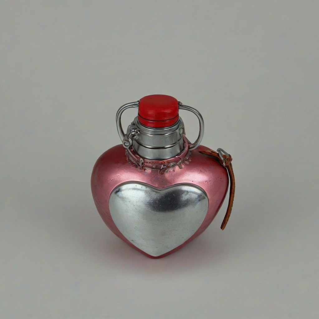 heart shaped, metal water canteen, colored red, with leather straps on it,, on a plain white background, even lighting