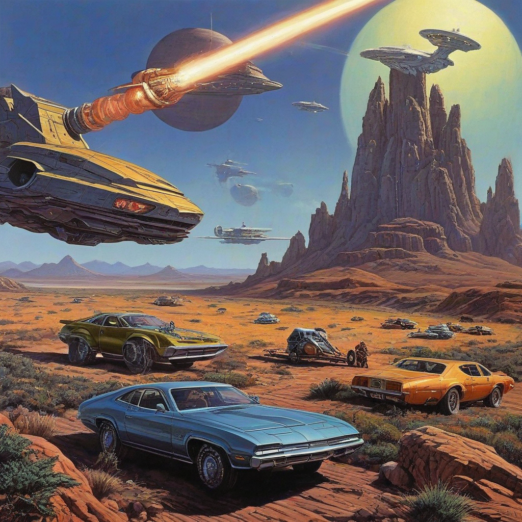 Clyde Caldwell art style landscape with sci-fi vehicles