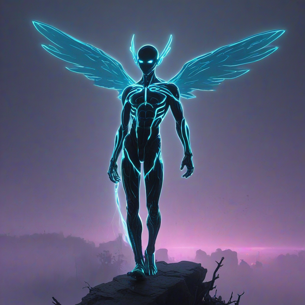 A 2D drawn anime style humanoid male figure with very long, electric blue neon black, bright turquoise, and neon pink wings, slightly bent at the joint, serving as arms, standing up on a narrow ledge amidst a thick, opaque fog with a faint blue and purple glow emanating from the fog. A tattered electric blue neon black, bright turquoise, and neon pink wingspan is roughly six times the person's height, with subtle shading and highlights on the wings and figure. The humanoid is dressed in thick, neon green neon dark tattered black, bright purple, and neon orange robes that complement the wings and fog. The humanoid wears a fitted, long-sleeved neon pink neon white, bright blue, and neon green undershirt under the robes, with a high collar to add depth and texture to the character. The scene is rendered in a detailed, high contrast style with digital distortions applied to the wings and robes, as if they are slightly warped and pixelated.