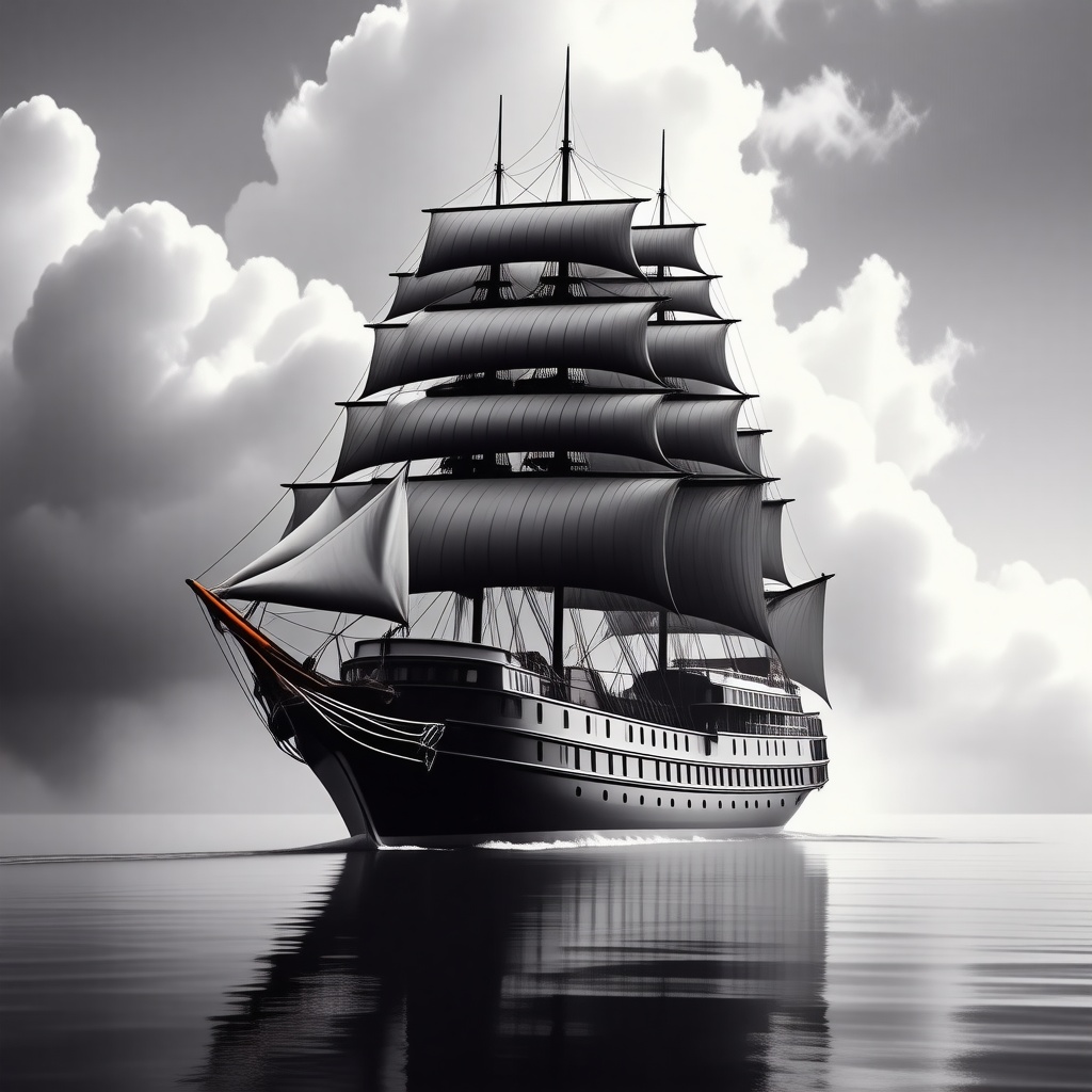 A large, majestic ship with billowing gray sails and a sturdy hull, set against a plain white background, in a fantasy realism style, with intricate details and textures, full-body view, with the ship's reflection visible on the calm water, under a cloudy gray sky with a hint of mist, wide shot, with the ship's mast and sails visible in their entirety