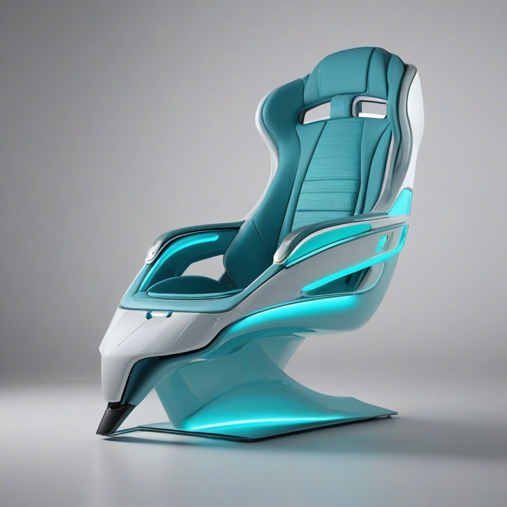 A futuristic, cyan-colored, high-tech chair with metallic accents and a sleek, aerodynamic design, set against a plain white background, in a wide shot with the chair's legs and base visible, with a sense of dynamic lighting and subtle shadows, in the style of digital illustration with bold lines and vibrant colors, on a plain white background, even lighting