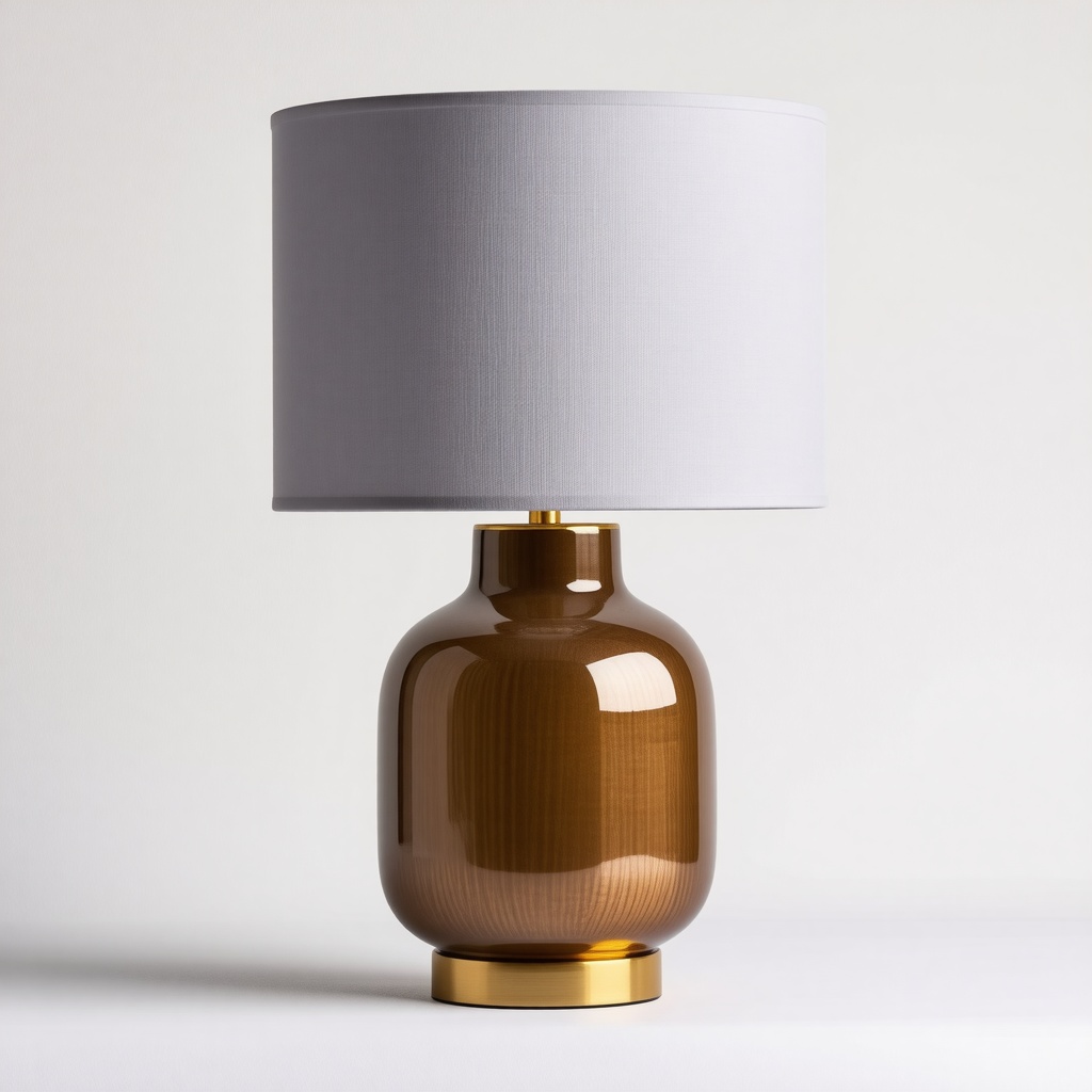 table lamp with bronze base and light grey lamp shade