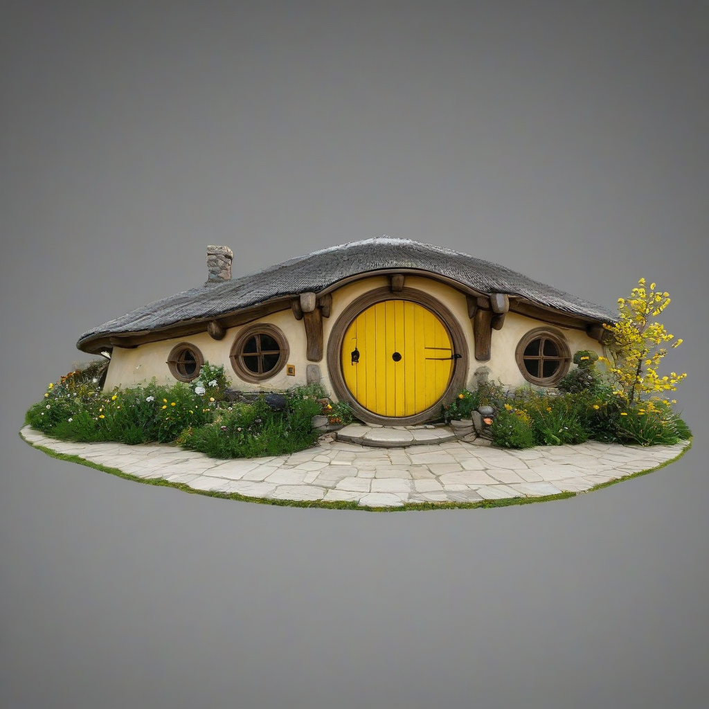 Hobbit house, with bright yellow front door, bright lighting, wide angle shot, on a plain white background, even lighting