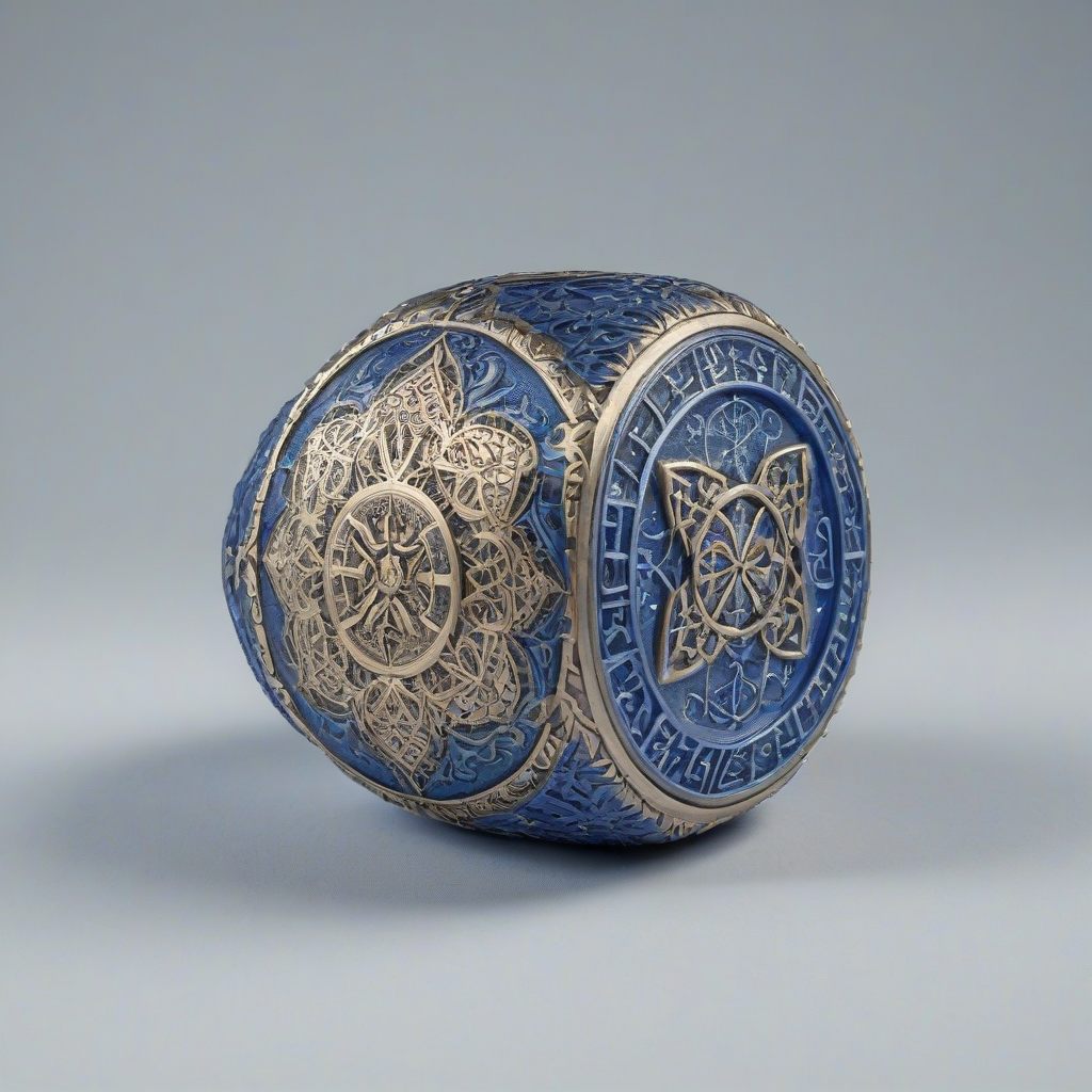 A highly detailed, Cornflower blue colored, ornate, magical artifact, with intricate engravings and glowing runes, on a plain white background, in a full-body view, with a wide-angle shot, and soft, natural lighting, in a photorealistic style,, on a plain white background, even lighting