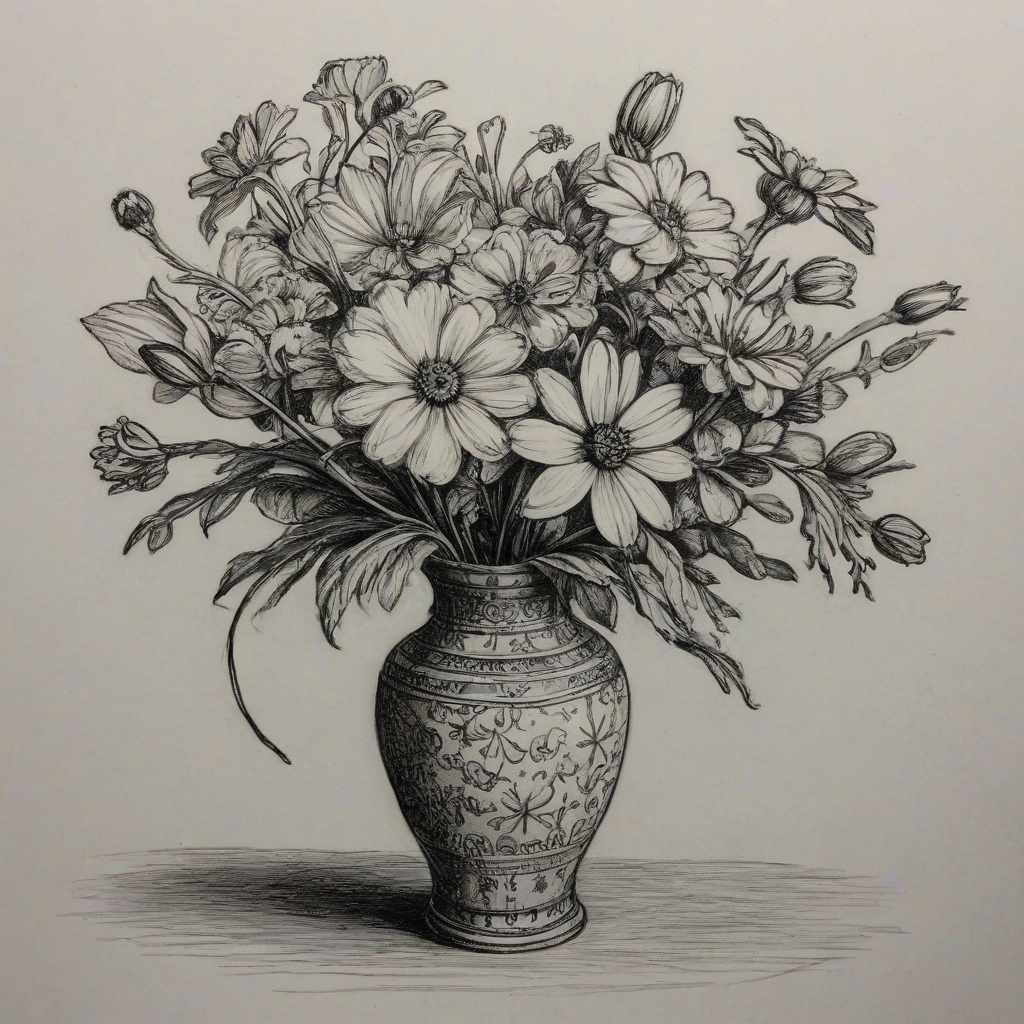 Sketch drawing of a vase of flowers