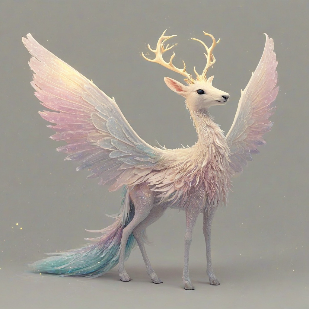 A full-body view of a fluffy, pastel-colored fantasy creature with large, shimmering wings and a long, sparkly tail and lo, standing on ang antlers, plain white background, with soft, warm lighting and a slight glow effect, in a whimsical, dreamy illustration style