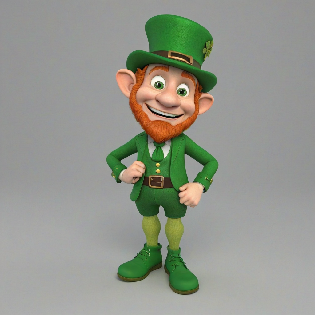 3d cartoon animation leprechaun, cute with large eyes, rounded features, short body, happy expression, wide angle shot, only one leprechaun in image, feet visible, on a plain white background, even lighting