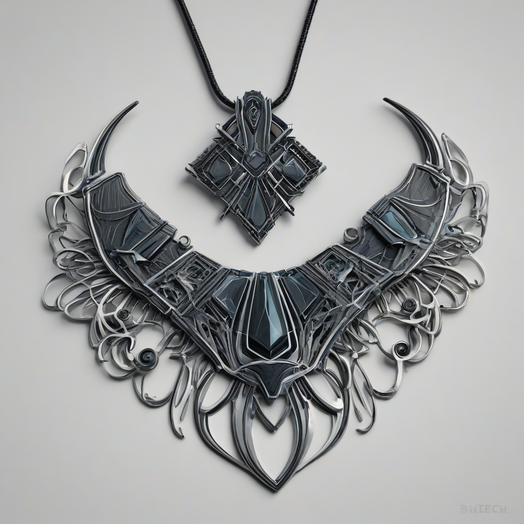 A futuristic, sci-fi inspired charcoal-colored jewelry piece, such as a necklace or pendant, with intricate details and a metallic sheen, on a plain white background, in a wide shot with the entire piece visible, created in a digital art style with bold lines and vibrant textures, on a plain white background, even lighting