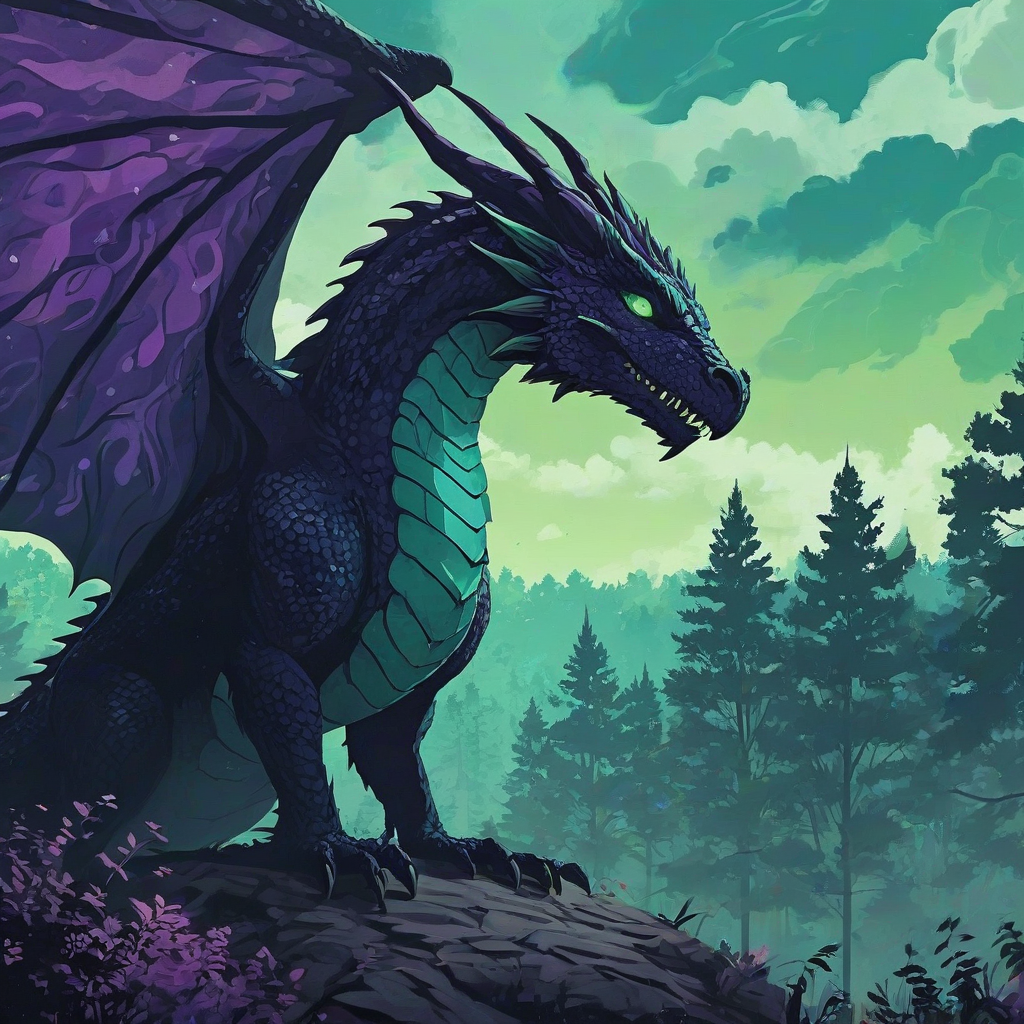 Digital anime art style silhouette of a dragon staring at a beautiful forest with dark purple and vibrant mint green trees, with beautiful fluffy clouds above
