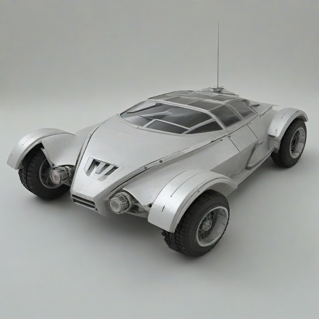 A silver rover with a brutalist architectural style, featuring sharp edges and a geometric shape, set against a plain white background, with a wide shot and the rover's wheels and body fully visible, in a digital art style with a mix of 3D rendering and abstract textures, with a focus on dynamic shadows and a sense of industrial futurism, on a plain white background, even lighting