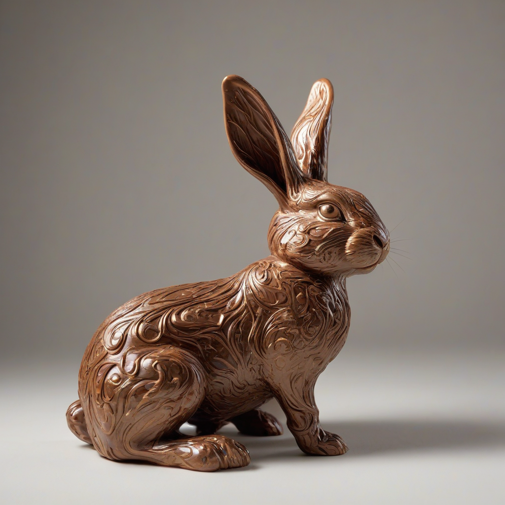 A realistic, full-body view of a rabbit made entirely of chocolate, with detailed, swirly patterns and a glossy finish, on a plain white background, in a wide shot, with the rabbit's feet visible, in a photography style with a shallow depth of field and a warm, golden lighting, on a plain white background, even lighting 