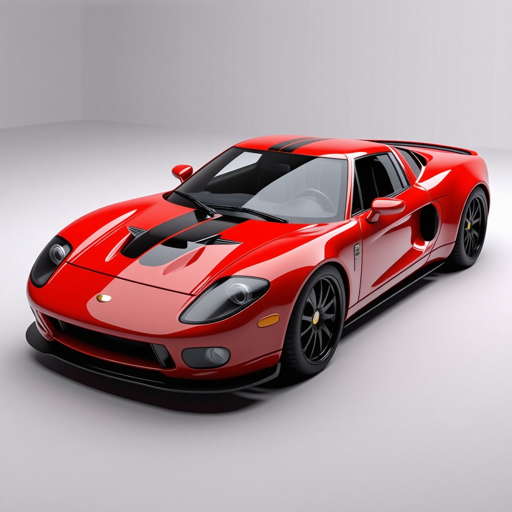 A sleek, shiny, red sports car with a black stripe, in a full-body view, on a plain white background, with dynamic shadows and a hard rim light, in a wide-angle shot, with the car's wheels and headlights clearly visible, in a digital art style