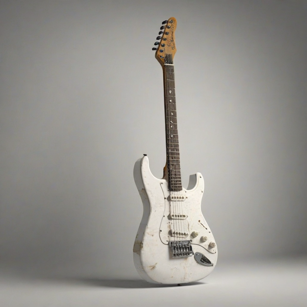 A white electric guitar with a grunge design, full-body view, on a plain white background, with a wide shot and dynamic shadows, in the style of a digital illustration