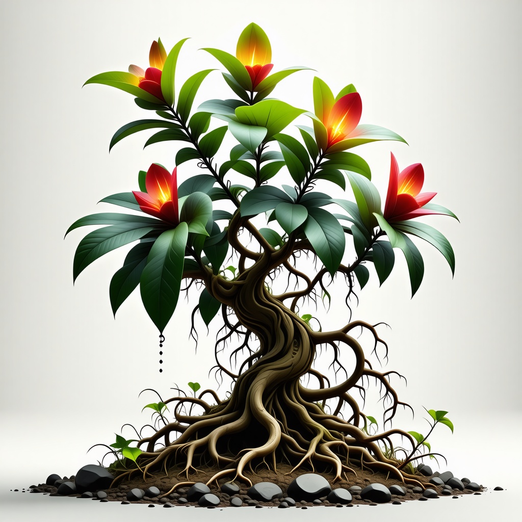 A detailed, full-body view of a rare, mutated plant with thick, waxy leaves and vibrant, bioluminescent flowers, set against a plain white background, in a post-apocalyptic world with a navy blue, toxic sky, digital art style, high contrast, dynamic shadows, wide-angle shot, with visible roots and stems