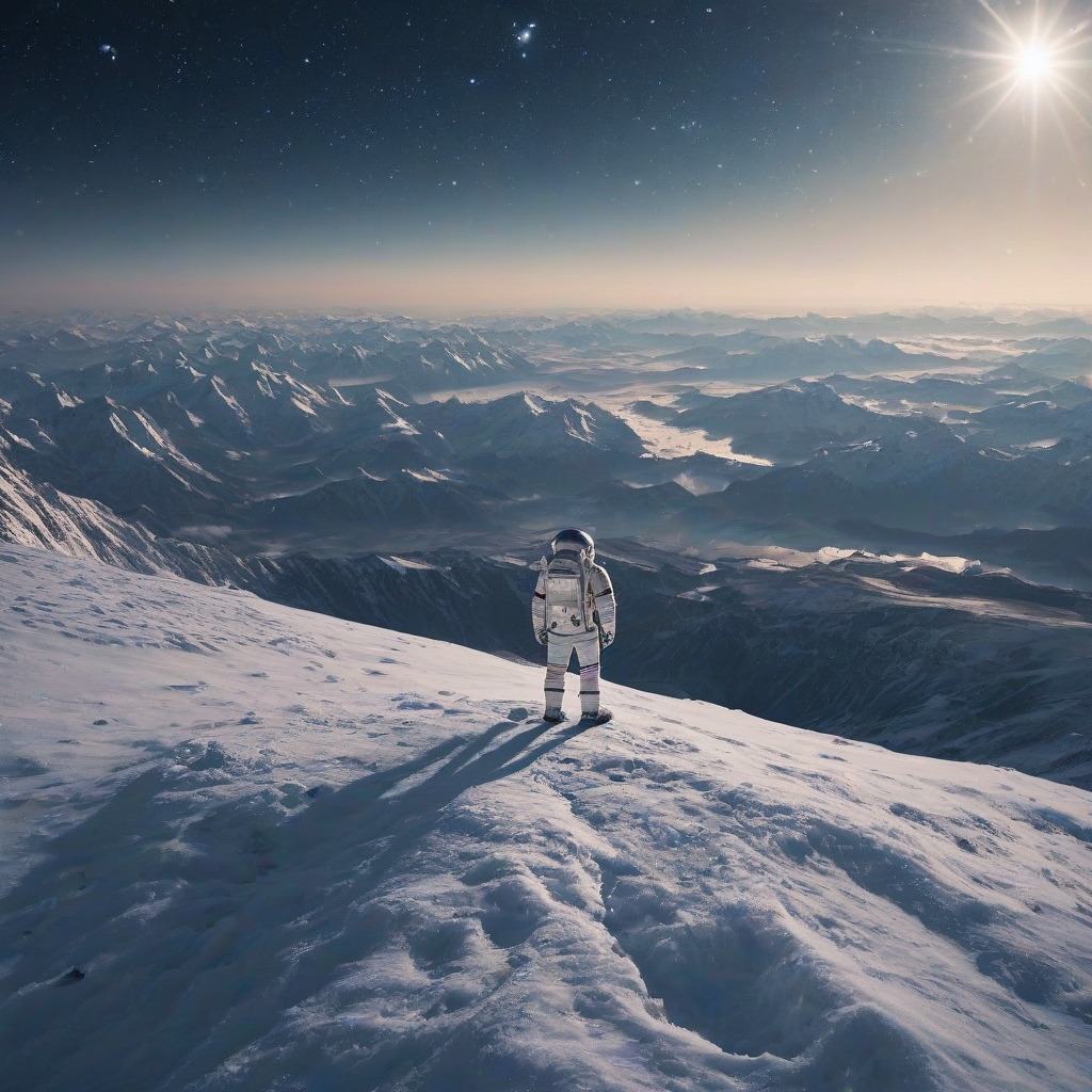 digital art style zoomed out image of a lonely astronaut standing on top of a snowy mountain, looking out to the horizon in the background, in the sky along the horizon is a view of Earth, the view of Earth from beyond the atmosphere takes up half of the image because Earth is huge, the lights from cities are visible on the continent of Europe from the astronaut's position