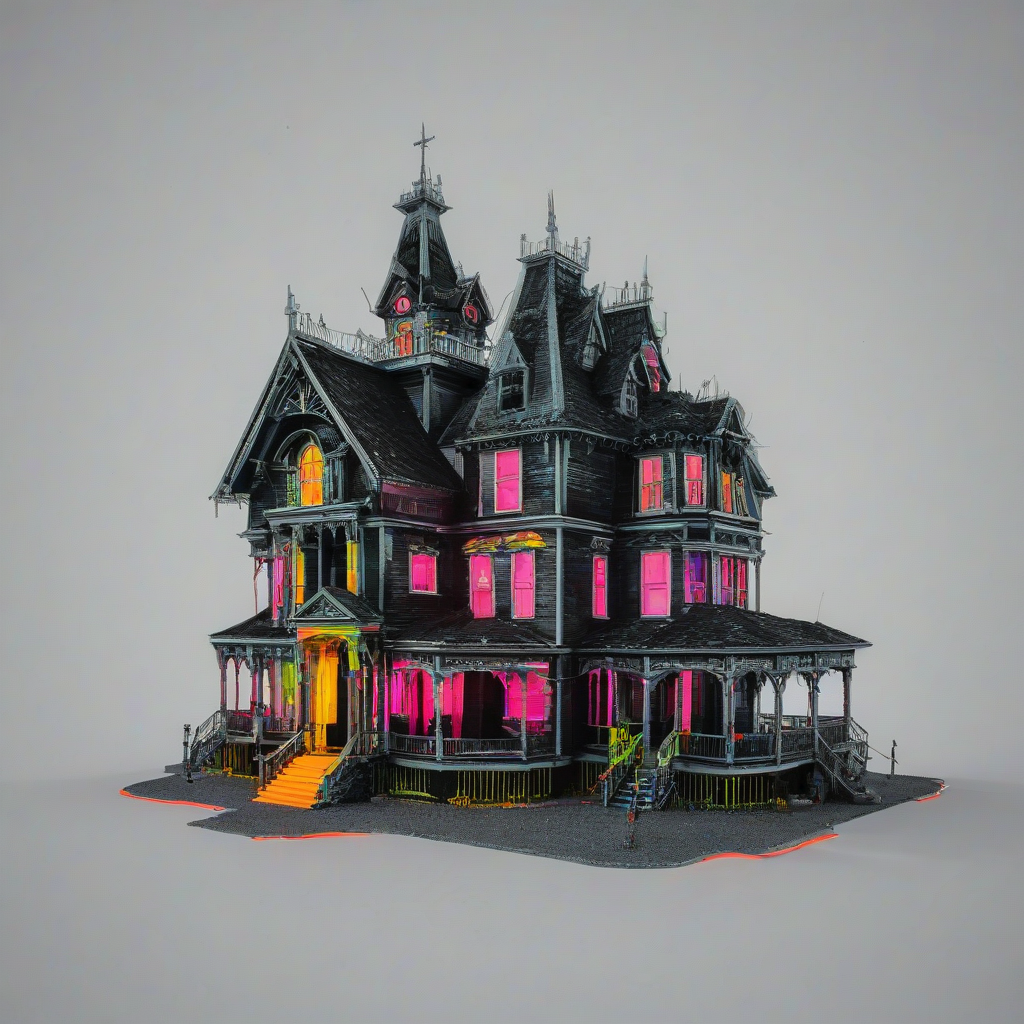different neon colored, haunted house, wide angle shot, full house visible, nothing else in the image, on a plain white background, even lighting