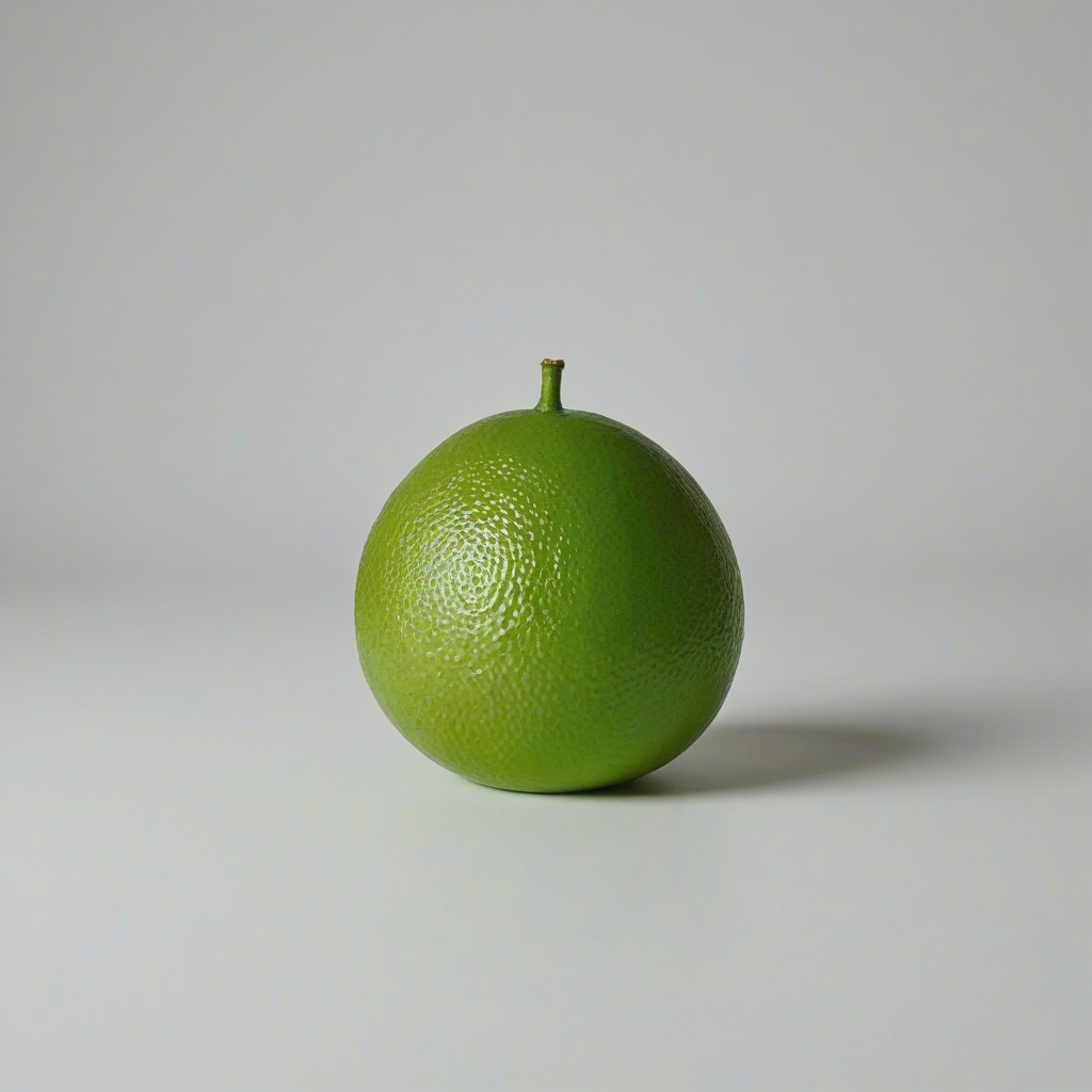 A whole, bright green lime fruit with a modernist aesthetic, on a plain white background, in a wide shot with the entire fruit visible, featuring clean lines, geometric shapes, and a minimalist style, with a subtle gradient of light and shadow to enhance the fruit's texture and form