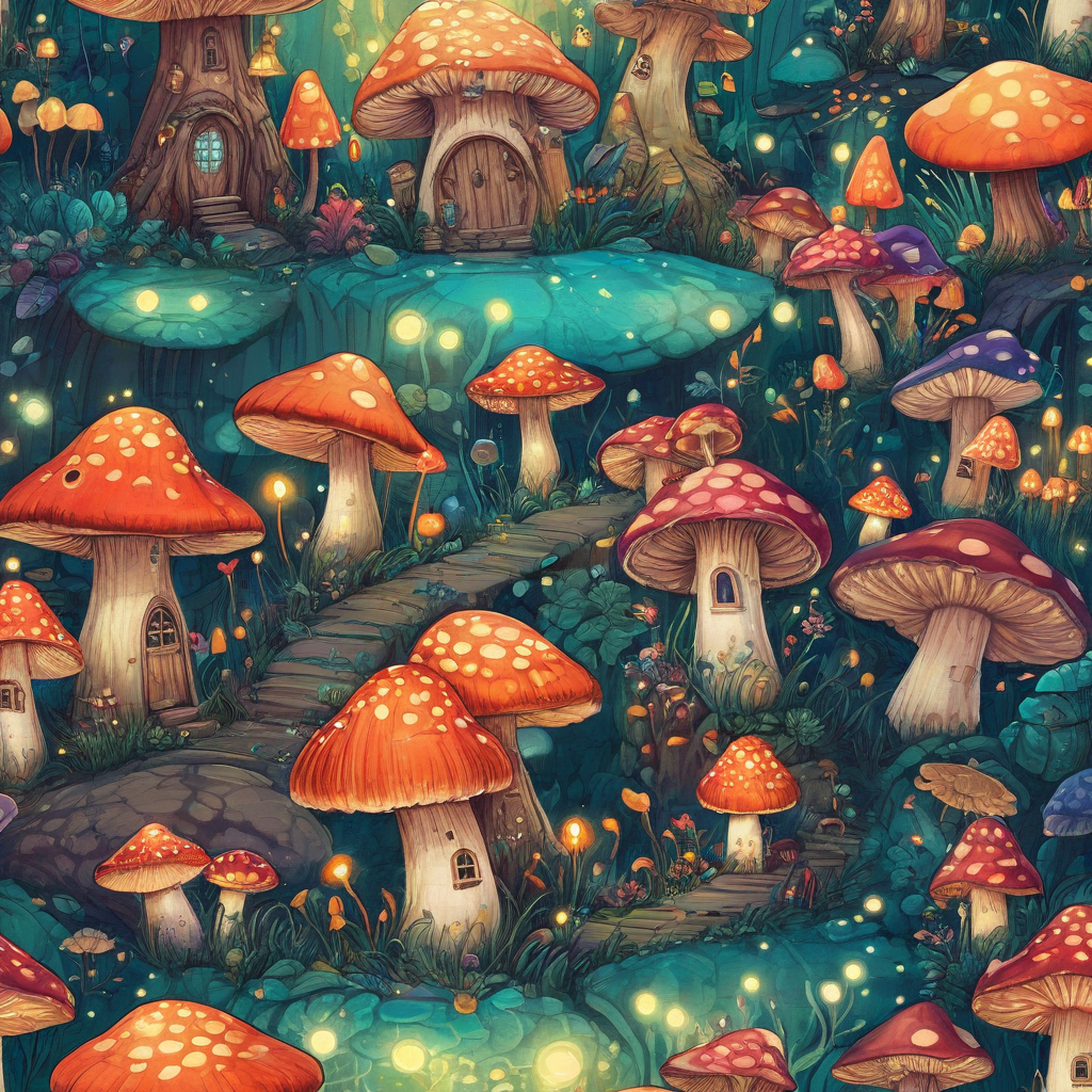 A whimsical fairy village nestled in giant mushrooms, vibrant colors, delicate glowing lights, tiny creatures going about their day, storybook illustration style.