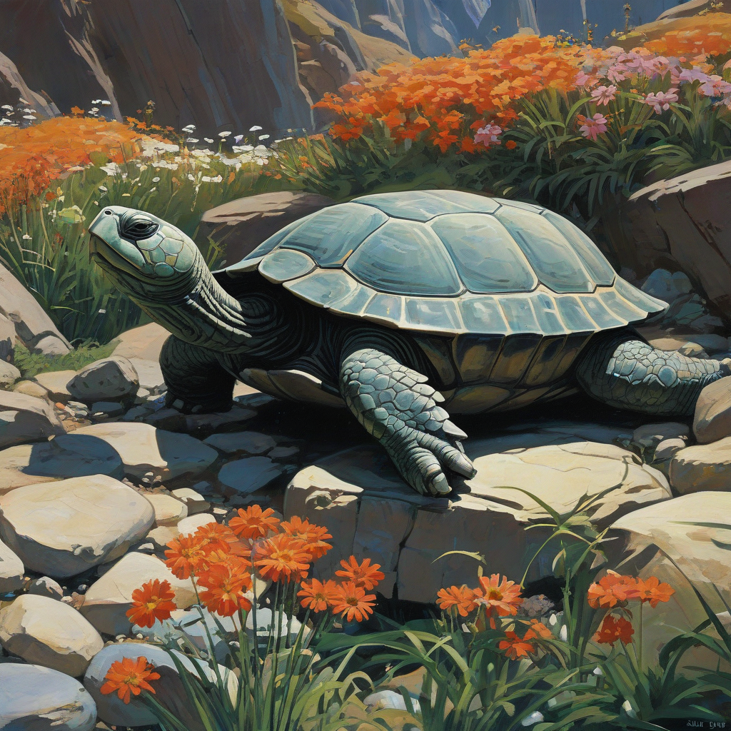 Syd Mead art style close-up of a turtle made of rocks and flowers