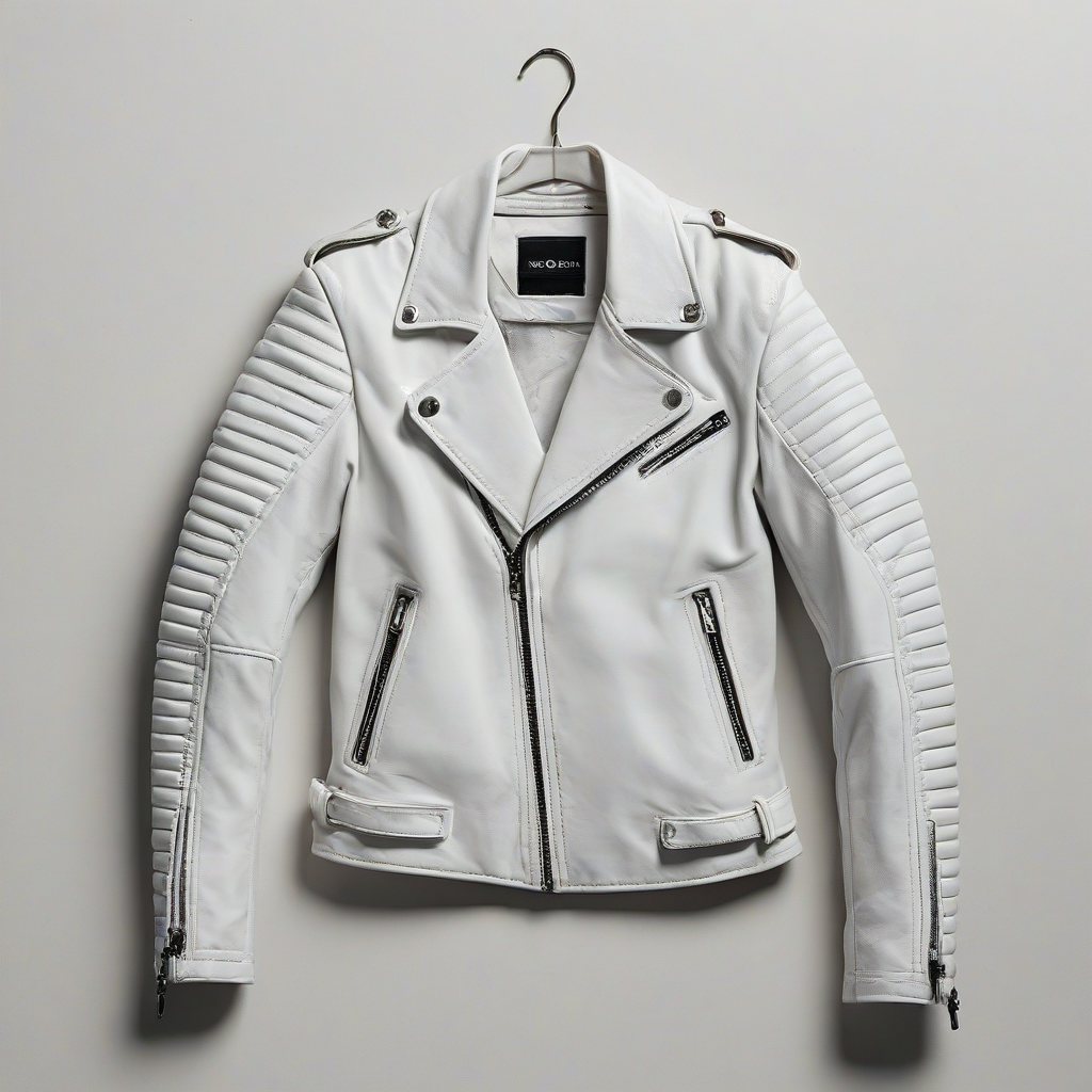 white, leather, moto style jacket, only jacket in image, on a plain white background, even lighting