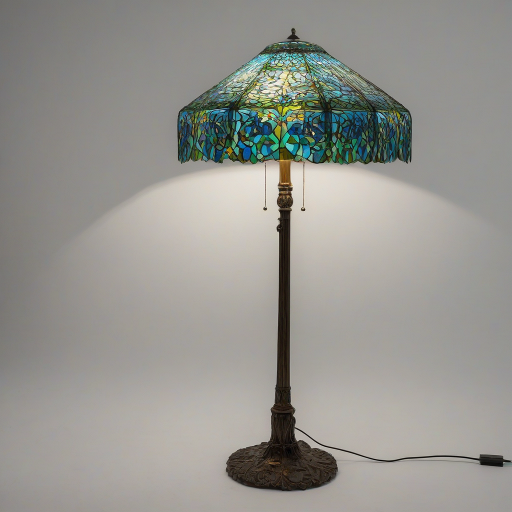 A beautiful, intricate floor lamp with a vibrant Tiffany stained glass lamp shade, featuring a wide range of colors including blues, greens, and yellows, in a full-body view, on a plain white background, with a wide-angle shot, and dynamic shadows, on a plain white background, even lighting 