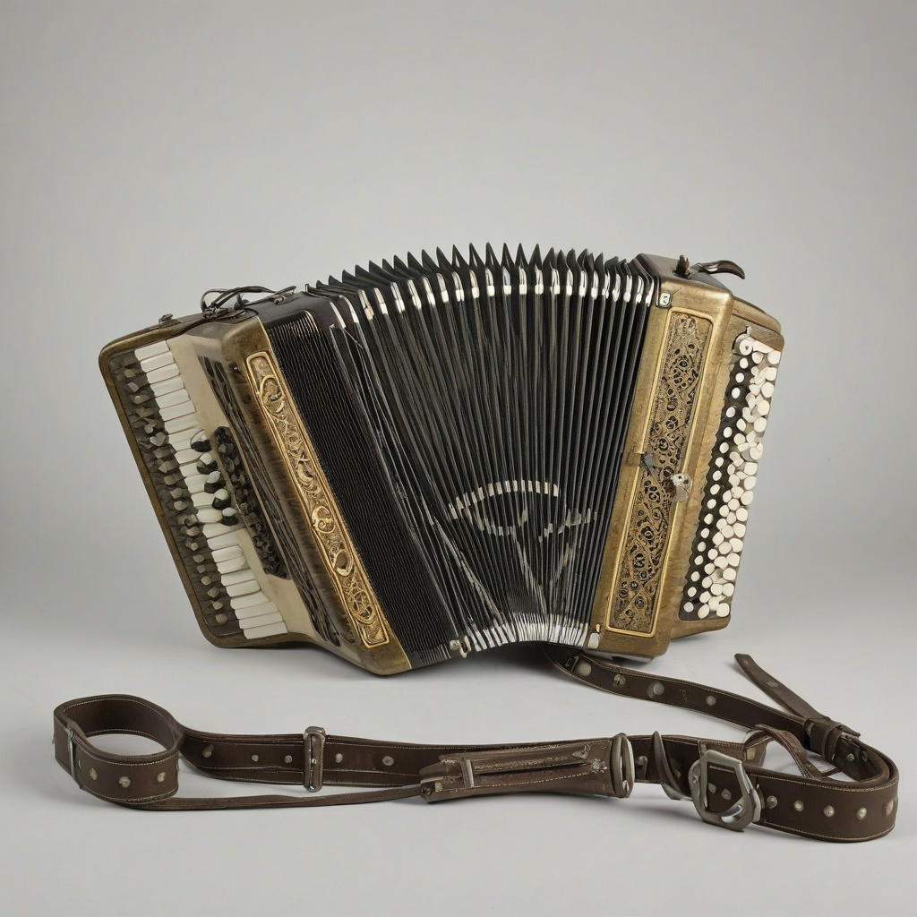 Steampunk themed, khaki colored, full-body view of a vintage accordion instrument on a plain white background