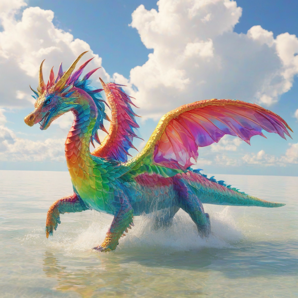 A vibrant, rainbow-colored dragon with iridescent scales, flying over a vast, serene ocean with gentle waves, under a brilliant blue sky filled with puffy, white clouds, in a wide shot with the dragon's full body visible, set against a plain white background, in a digital art style with bold lines and bright colors