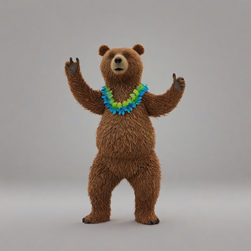 3D hand-drawn, animation, bear standing up on back legs, wearing a colorful Hawaiian lei,, on a plain white background, even lighting