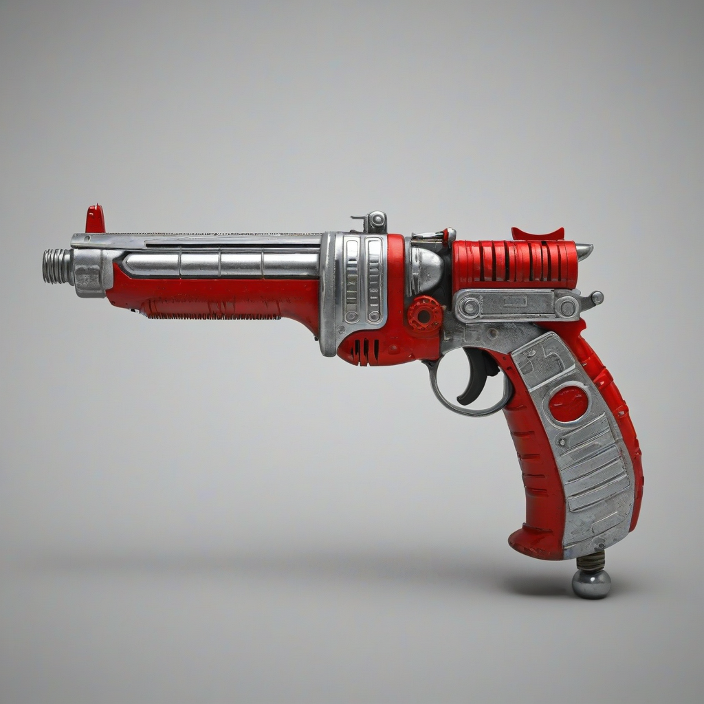 A vintage toy ray gun, full-body view, with a metallic silver and red color scheme, intricate details, and a retro-futuristic design, on a plain white background, in a wide shot, with the gun's handle and barrel clearly visible, in a digital illustration style with bold lines and vibrant colors, on a plain white background, even lighting 