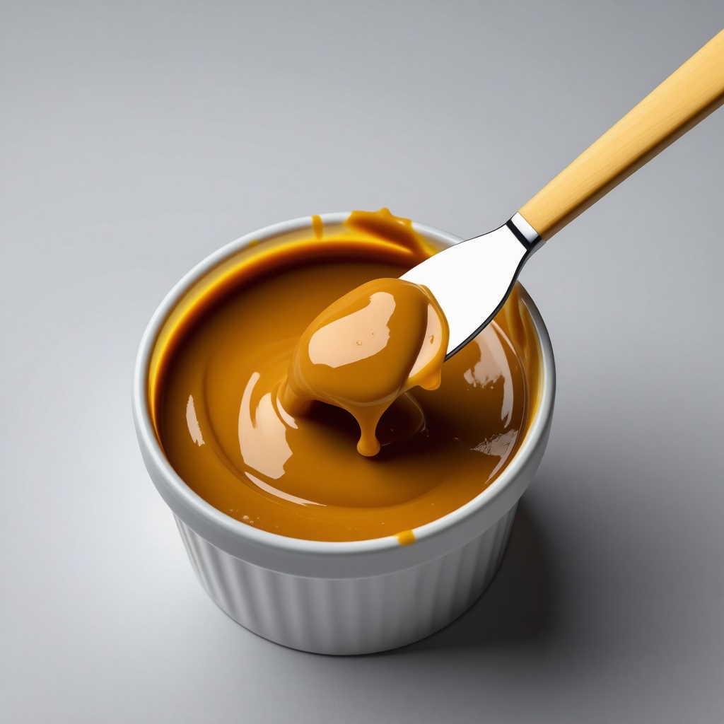 A wide shot of an open tub of creamy peanut butter with a butter knife sitting across the top, peanut butter dripping off the knife, on a plain white background, with a warm and inviting lighting, in a photography style