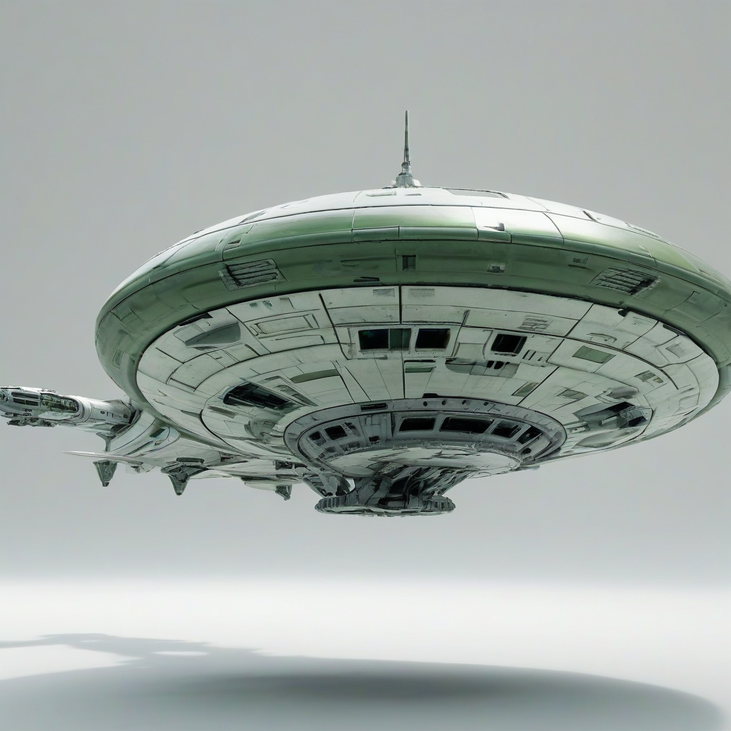 A metallic, army green alien spacecraft hovering in a plain white environment with even lighting., on a plain white background, even lighting