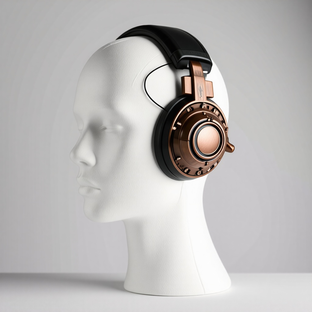 Steampunk headphones made of copper metal and leather. They are on a white cloth mannequin head