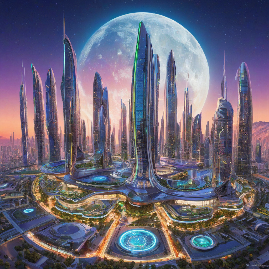 A futuristic, high-tech, and eco-friendly Lunarpunk cityscape with sleek, curved lines and a blend of natural and synthetic elements, set against a backdrop of a bright, full moon, with a wide-angle shot and a plain white background, in the style of a digital illustration with vibrant, neon colors and dynamic shadows