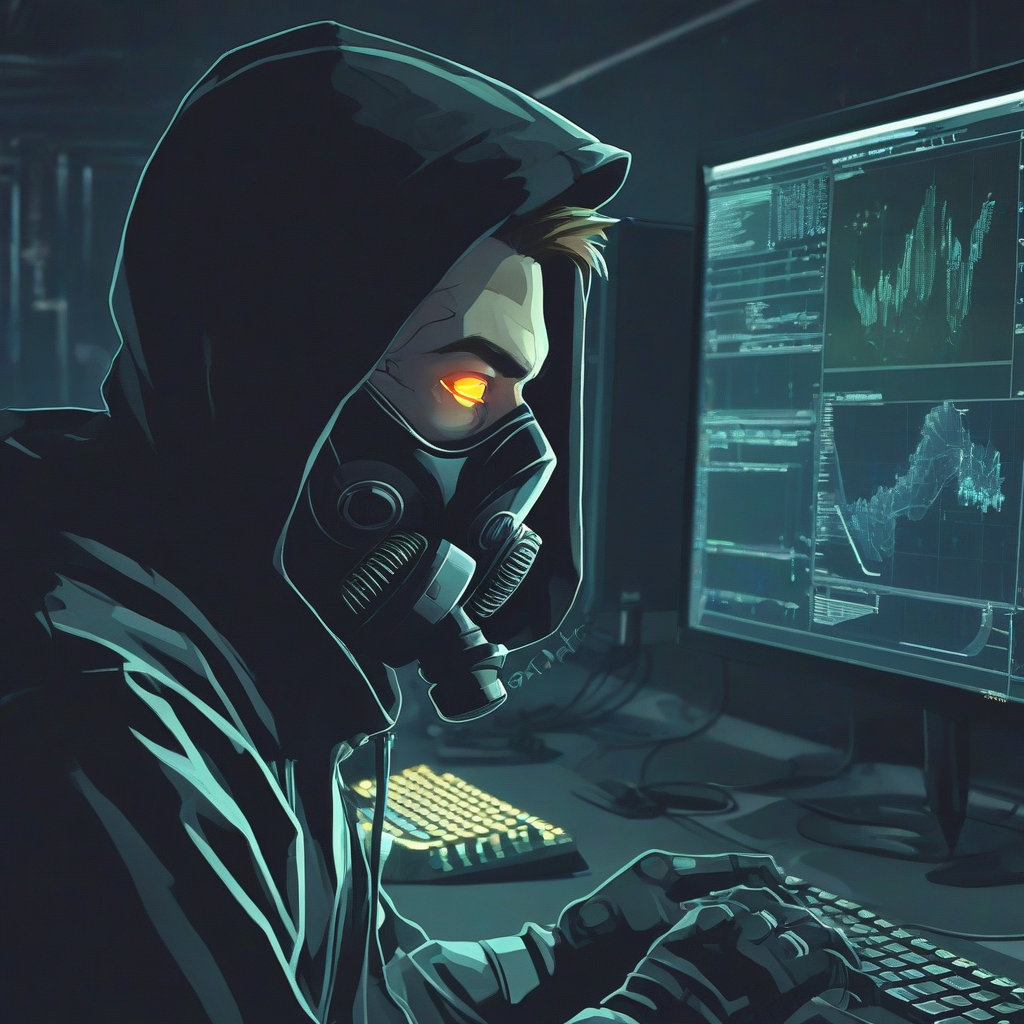 A hacker wearing a gas mask with softly glowing eyes, looming greedily of the screen of a large monitor, digital anime art style, profile view of the hacker