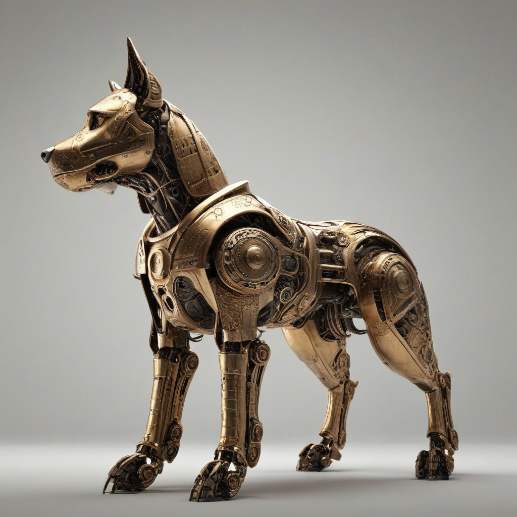 a full-body view of a bronze, medieval, robotic dog, with intricate engravings, standing on a plain white background, with a wide-angle shot, and a warm, golden lighting, in the style of digital art, on a plain white background, even lighting, on a plain white background, even lighting 