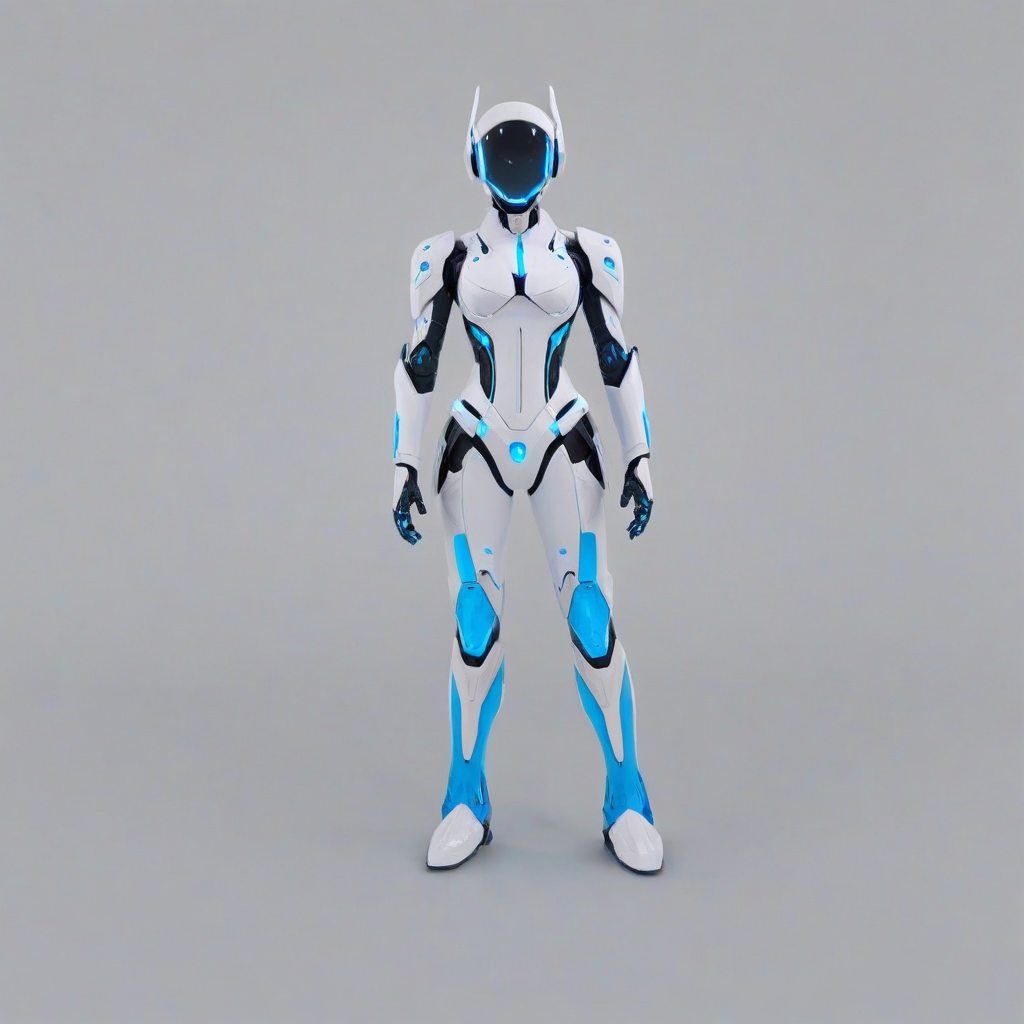 A futuristic, white, anime-style gadget with sleek lines and vibrant blue accents, full-body view, on a plain white background, with a wide-angle shot, and dynamic shadows, in a digital art style, on a plain white background, even lighting