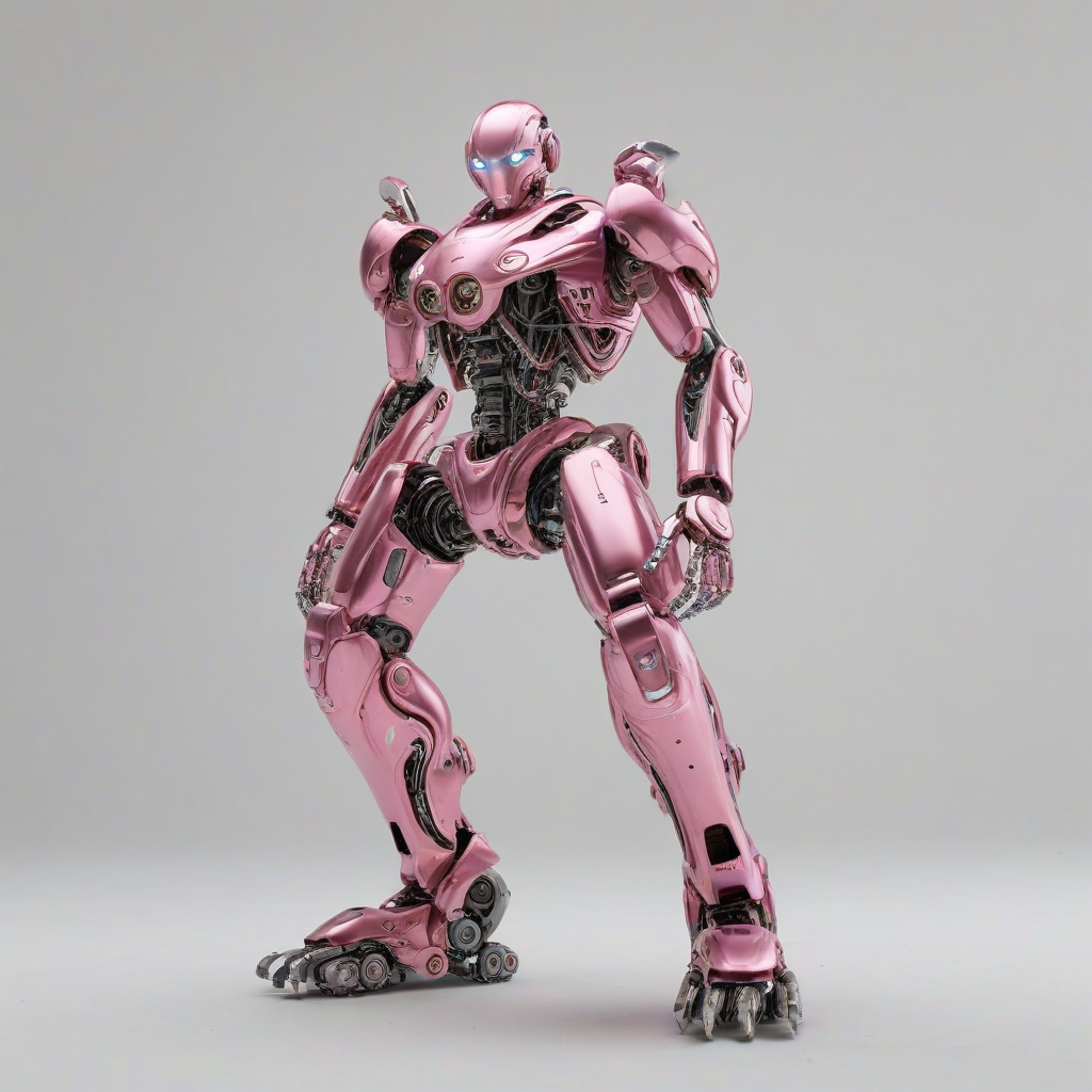 A highly detailed, photorealistic robot with a metallic pink finish, full-body view, wide shot, with visible feet, set against a plain white background, with dynamic shadows and a slight backlight to accentuate the robot's shape and texture, in a realistic and futuristic style