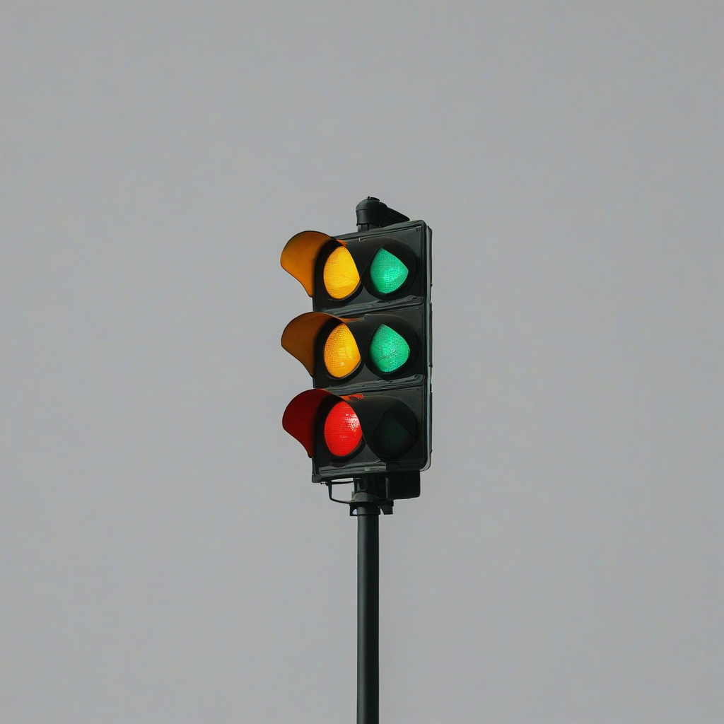 traffic light with red, yellow, and green lights, on a plain white background, even lighting