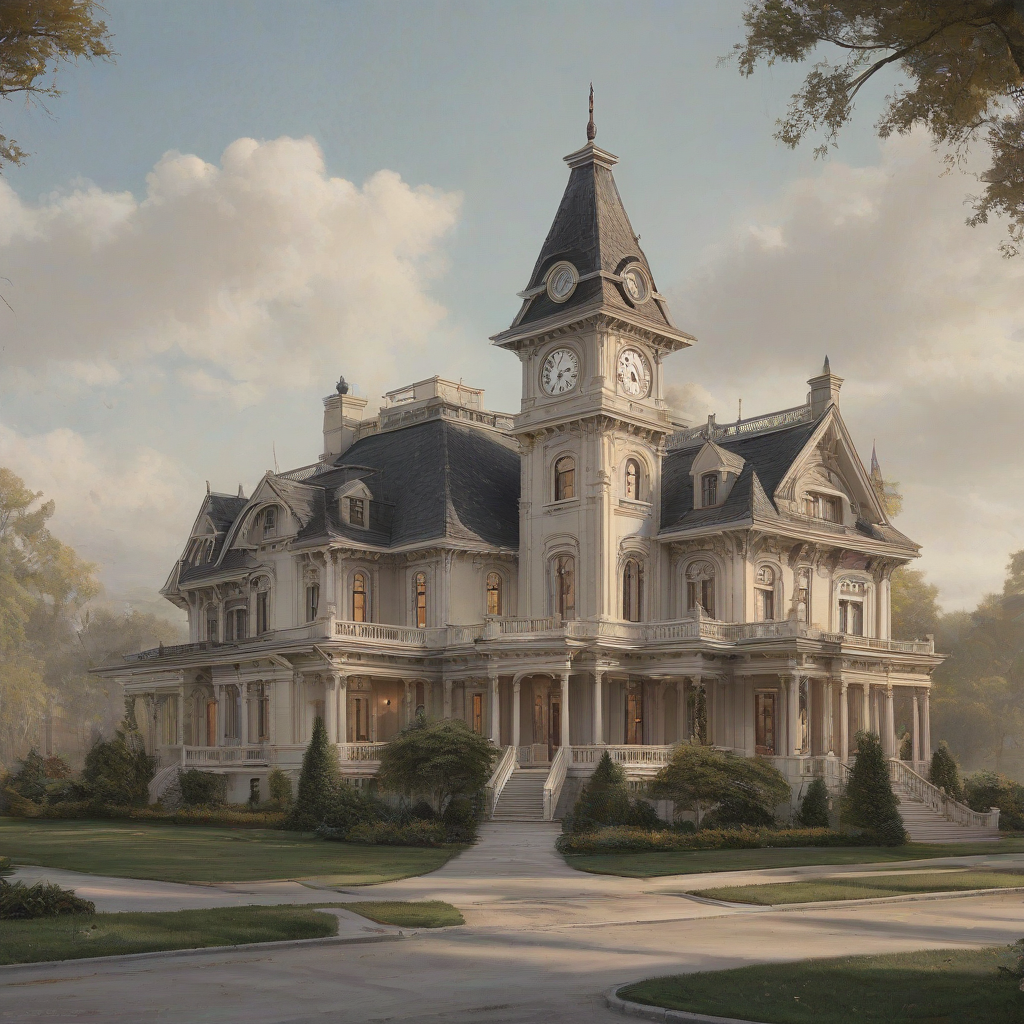 A grand, Second Empire Victorian architectural style mansion, with a mansard roof, wide eaves, and a central clock tower, set against a plain white background, in a wide shot with the entire mansion visible, including the grounds, in the style of a detailed, realistic, and highly textured digital painting, with even lighting